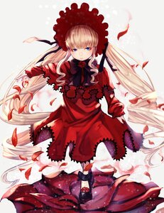 Rating: Safe Score: 0 Tags: 1girl bangs blonde_hair blue_eyes bonnet bow capelet dress flower grey_background image long_hair long_sleeves looking_at_viewer petals red_capelet red_dress rose rose_petals shinku solo standing twintails very_long_hair User: admin