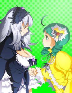 Rating: Safe Score: 0 Tags: 2girls ahoge argyle argyle_background artist_request breast_envy breasts checkered checkered_background checkered_floor cleavage dress drill_hair flower frills green_eyes green_hair hairband holding_hands image kanaria large_breasts long_hair multiple_girls pair red_eyes rozen_maiden silver_hair suigintou white_hair User: admin