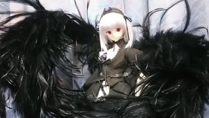 Rating: Safe Score: 0 Tags: 1girl bangs black_wings doll dress feathered_wings feathers gothic_lolita hairband long_hair long_sleeves looking_at_viewer red_eyes ribbon rose solo suigintou white_hair wings User: admin