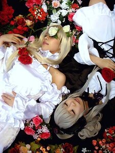 Rating: Safe Score: 0 Tags: 2girls blonde_hair choker closed_eyes dark_skin dress flower lips lolita_fashion long_hair multiple_cosplay multiple_girls red_flower red_rose rose tagme white_hair User: admin