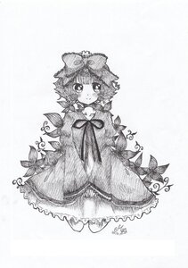 Rating: Safe Score: 0 Tags: 1girl blush bow dress flower full_body greyscale hat hinaichigo image leaf looking_at_viewer monochrome ribbon short_hair signature smile solo traditional_media User: admin