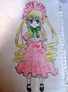 Rating: Safe Score: 0 Tags: 1girl black_footwear blonde_hair blue_eyes bonnet bow bowtie dress drill_hair full_body image long_hair long_sleeves looking_at_viewer photo ringlets shinku shoes solo standing traditional_media twin_drills twintails white_legwear User: admin