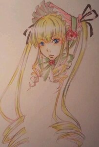 Rating: Safe Score: 0 Tags: 1girl blonde_hair blue_eyes bonnet bow bowtie drill_hair flower image long_hair looking_at_viewer pink_flower ringlets rose shinku simple_background solo traditional_media twin_drills twintails upper_body User: admin