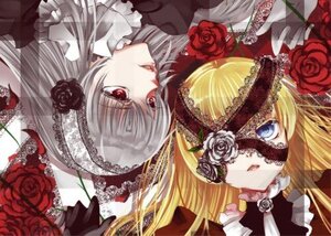 Rating: Safe Score: 0 Tags: 2girls blonde_hair blue_eyes eyepatch flower hairband image long_hair multiple_girls pair red_eyes red_flower red_rose rose shinku silver_hair suigintou User: admin