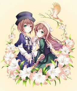Rating: Safe Score: 0 Tags: 2girls bird blue_dress bonnet brown_hair capelet commentary_request da-cart dress flower green_dress green_eyes hat head_scarf heterochromia highres holding_another's_wrist holding_hands image interlocked_fingers lily_(flower) lolita_fashion long_hair long_sleeves looking_at_viewer looking_back multiple_girls pair red_eyes rozen_maiden short_hair siblings silver_hair sisters smile souseiseki suiseiseki twins very_long_hair User: admin