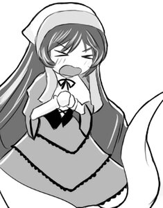 Rating: Safe Score: 0 Tags: 1girl >_< blush closed_eyes dress greyscale image long_hair long_sleeves monochrome nun open_mouth simple_background solo suiseiseki white_background User: admin