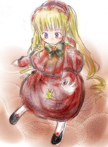 Rating: Safe Score: 0 Tags: 1girl blonde_hair blue_eyes blush bow bowtie dress from_above full_body green_bow image long_hair long_sleeves red_dress shinku shoes solo standing twintails white_legwear User: admin