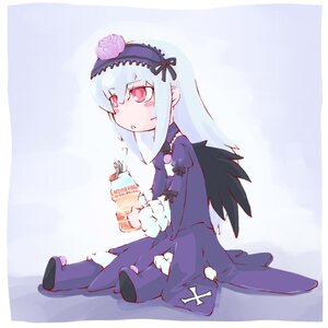 Rating: Safe Score: 0 Tags: 1girl black_wings dress flower hairband image long_hair long_sleeves silver_hair sitting solo suigintou wings User: admin