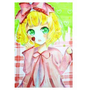 Rating: Safe Score: 0 Tags: 1girl apple blonde_hair blurry bow cherry depth_of_field food fruit green_eyes heart hina_ichigo hinaichigo holding_food holding_fruit image pink_bow ribbon short_hair solo strawberry User: admin