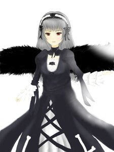 Rating: Safe Score: 0 Tags: 1girl bangs black_dress black_ribbon black_wings dress feathered_wings feathers flower frills hairband image long_hair long_sleeves looking_at_viewer puffy_sleeves red_eyes rose simple_background solo standing suigintou white_background wings User: admin