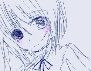 Rating: Safe Score: 0 Tags: 1girl blue_theme blush closed_mouth eyebrows_visible_through_hair image looking_at_viewer monochrome ribbon short_hair simple_background sketch smile solo souseiseki User: admin