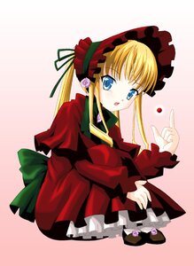 Rating: Safe Score: 0 Tags: 1girl blonde_hair blue_eyes blush bonnet bow dress full_body green_bow image index_finger_raised long_hair long_sleeves looking_at_viewer open_mouth red_dress shinku shoes sitting solo twintails User: admin