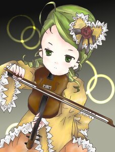 Rating: Safe Score: 0 Tags: 1girl ahoge drill_hair eighth_note flower frills green_eyes green_hair guitar hat image instrument kanaria long_sleeves music musical_note playing_instrument rose solo violin yellow_dress User: admin
