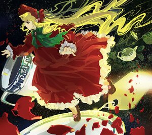 Rating: Safe Score: 0 Tags: 1girl blonde_hair blue_eyes bonnet bow dress flower frills hat image long_hair long_sleeves petals red_dress shinku shoes solo teacup very_long_hair User: admin