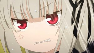 Rating: Safe Score: 0 Tags: 1girl anger_vein angry bangs clenched_teeth eyebrows_visible_through_hair image looking_at_viewer red_eyes simple_background solo suigintou teeth User: admin