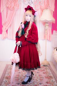 Rating: Safe Score: 0 Tags: 1girl bangs black_footwear blonde_hair blue_eyes blurry bow curtains dress flower high_heels holding long_hair looking_at_viewer red_dress shinku solo standing User: admin