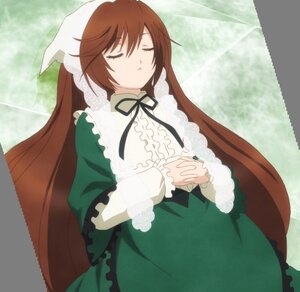 Rating: Safe Score: 0 Tags: 1girl brown_hair closed_eyes dress frills green_dress hands_clasped image interlocked_fingers long_hair long_sleeves own_hands_together ribbon solo suiseiseki very_long_hair User: admin