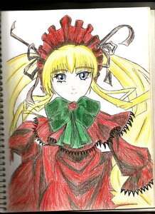 Rating: Safe Score: 0 Tags: 1girl blonde_hair blue_eyes bonnet bow bowtie dress flower green_bow green_neckwear image long_hair long_sleeves looking_at_viewer marker_(medium) red_dress rose shikishi shinku simple_background solo traditional_media twintails white_background User: admin