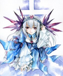 Rating: Safe Score: 0 Tags: 1girl colored_pencil_(medium) commentary_request dress flower fragran0live frills hairband image long_hair long_sleeves looking_at_viewer marker_(medium) painting_(medium) purple_eyes rose rozen_maiden silver_hair smile solo suigintou traditional_media watercolor_(medium) wide_sleeves window wings User: admin