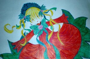 Rating: Safe Score: 0 Tags: 1girl blonde_hair blue_background closed_eyes image ribbon shinku solo traditional_media twintails watercolor_(medium) User: admin