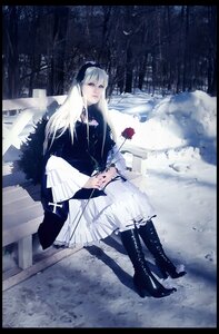 Rating: Safe Score: 0 Tags: 1girl black_border boots dress flower high_heels letterboxed long_hair pillarboxed rain snow solo suigintou white_hair windowboxed winter User: admin