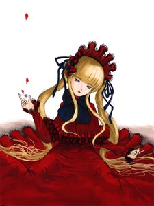 Rating: Safe Score: 0 Tags: 1girl auto_tagged blonde_hair blue_eyes blush bonnet bow dress flower image long_hair long_sleeves looking_at_viewer petals red_dress shinku sidelocks sitting solo twintails very_long_hair User: admin