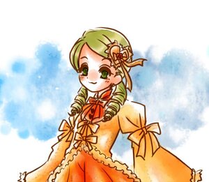 Rating: Safe Score: 0 Tags: 1girl blush bow cowboy_shot dress drill_hair green_eyes green_hair hair_ornament image kanaria long_sleeves looking_at_viewer ribbon smile solo standing twin_drills User: admin