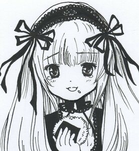 Rating: Safe Score: 0 Tags: 1girl blush eating eyebrows_visible_through_hair food food_on_face greyscale holding holding_food image long_hair looking_at_viewer monochrome ribbon smile solo suigintou traditional_media User: admin