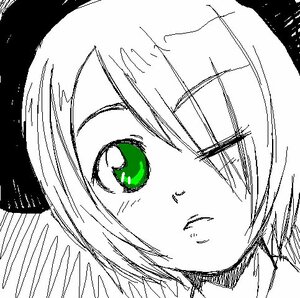 Rating: Safe Score: 0 Tags: 1girl bangs eyebrows_visible_through_hair face green_eyes greyscale image looking_at_viewer monochrome portrait short_hair smile solo souseiseki spot_color User: admin