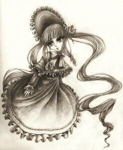 Rating: Safe Score: 0 Tags: 1girl bonnet dress frills greyscale image long_hair long_sleeves looking_at_viewer monochrome shinku solo traditional_media twintails very_long_hair User: admin