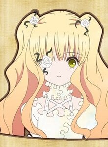 Rating: Safe Score: 0 Tags: 1girl bangs blonde_hair dress eyepatch flower frills green_eyes hair_flower hair_ornament image kirakishou long_hair rose solo traditional_media two_side_up white_flower white_rose User: admin