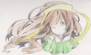 Rating: Safe Score: 0 Tags: 1girl bangs brown_hair dress frills green_dress green_eyes hat image long_hair long_sleeves looking_at_viewer one_eye_closed simple_background solo suiseiseki traditional_media User: admin