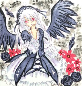 Rating: Safe Score: 0 Tags: 1girl black_wings dress feathers flower frills hairband image long_hair long_sleeves looking_at_viewer pink_eyes red_eyes red_flower ribbon rose silver_hair solo suigintou traditional_media wings User: admin