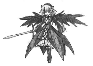 Rating: Safe Score: 0 Tags: 1girl black_wings boots cross dress feathered_wings flower frills full_body greyscale hairband holding holding_weapon image lolita_hairband long_hair long_sleeves looking_at_viewer monochrome ribbon rose simple_background solo standing striped suigintou sword weapon white_background wings User: admin