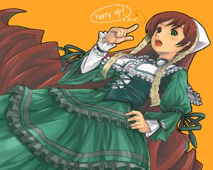 Rating: Safe Score: 0 Tags: 1girl brown_hair commentary_request doll_joints dress english_text frills green_dress green_eyes hairband hat head_scarf heterochromia image index_finger_raised joints long_hair long_sleeves nomiya37564 open_mouth orange_background ribbon rozen_maiden simple_background solo suiseiseki very_long_hair User: admin