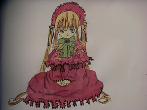 Rating: Safe Score: 0 Tags: 1girl blonde_hair blue_eyes bonnet bow bowtie dress full_body green_bow green_neckwear image long_hair long_sleeves looking_at_viewer photo red_dress shinku simple_background sitting solo traditional_media twintails very_long_hair User: admin