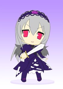 Rating: Safe Score: 0 Tags: 1girl chibi dress flower hairband image long_hair long_sleeves purple_background red_eyes rose solo standing suigintou weapon User: admin