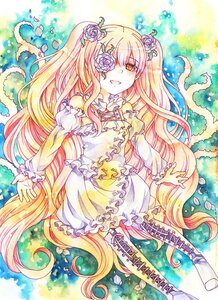 Rating: Safe Score: 0 Tags: 1girl blonde_hair blue_flower blue_rose boots cross-laced_footwear dress eyepatch flower hair_flower hair_ornament image kirakishou long_hair rose smile solo traditional_media very_long_hair yellow_eyes User: admin