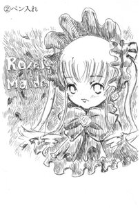 Rating: Safe Score: 0 Tags: 1girl blush dress flower frills greyscale image long_hair long_sleeves monochrome rose shinku solo traditional_media white_background User: admin