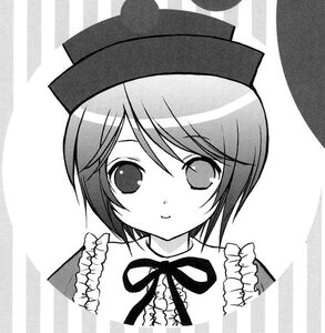 Rating: Safe Score: 0 Tags: 1girl bangs closed_mouth eyebrows_visible_through_hair frills greyscale hat image looking_at_viewer monochrome neck_ribbon ribbon short_hair smile solo souseiseki striped striped_background upper_body vertical_stripes User: admin