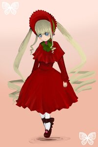 Rating: Safe Score: 0 Tags: 1girl blonde_hair blue_eyes bonnet bow bowtie bug butterfly dress drill_hair full_body green_bow green_neckwear image insect long_hair long_sleeves looking_at_viewer red_dress shinku shoes solo standing white_legwear User: admin