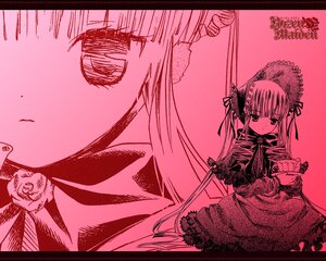 Rating: Safe Score: 0 Tags: 1girl bonnet dress frills image letterboxed long_hair long_sleeves monochrome pink_theme red_theme shinku solo User: admin