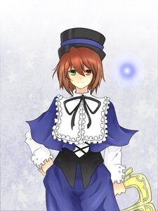 Rating: Safe Score: 0 Tags: 1girl blue_dress bow brown_hair capelet frills green_eyes hand_on_hip hat heterochromia image long_sleeves looking_at_viewer red_eyes ribbon short_hair smile solo souseiseki standing top_hat User: admin