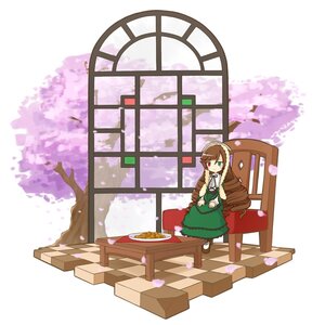 Rating: Safe Score: 0 Tags: 1girl brown_hair checkered checkered_floor cherry_blossoms dress food green_eyes heterochromia image long_hair petals red_eyes sitting solo suiseiseki tree User: admin