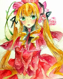 Rating: Safe Score: 0 Tags: 1girl blonde_hair blush bonnet bow dress flower image long_hair long_sleeves pink_bow red_dress shinku solo traditional_media twintails User: admin