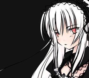 Rating: Safe Score: 0 Tags: 1girl bangs black_dress black_ribbon blush closed_mouth dress frills hairband image lolita_hairband long_hair long_sleeves red_eyes simple_background solo suigintou upper_body User: admin