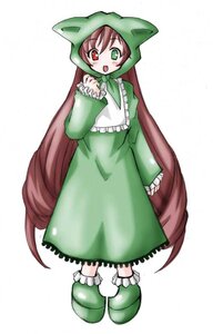 Rating: Safe Score: 0 Tags: 1girl blush brown_hair dress full_body green_dress green_eyes heterochromia image long_hair long_sleeves open_mouth red_eyes solo standing suiseiseki very_long_hair white_background User: admin