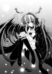 Rating: Safe Score: 0 Tags: 1girl angel_wings bird black_wings blush dress feathered_wings feathers frills greyscale hairband image lolita_hairband long_hair long_sleeves looking_at_viewer monochrome shoes sitting solo suigintou very_long_hair wings User: admin