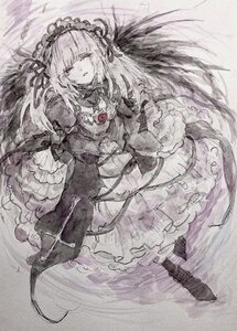 Rating: Safe Score: 0 Tags: 1girl boots dress flower frills hairband image lolita_hairband long_hair long_sleeves looking_at_viewer monochrome rose solo suigintou traditional_media very_long_hair wide_sleeves wings User: admin