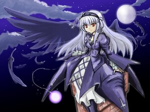 Rating: Safe Score: 0 Tags: 1girl black_wings dress feathers frills full_moon hairband image lolita_hairband long_hair long_sleeves looking_at_viewer moon night red_eyes silver_hair sky smile solo suigintou wings User: admin
